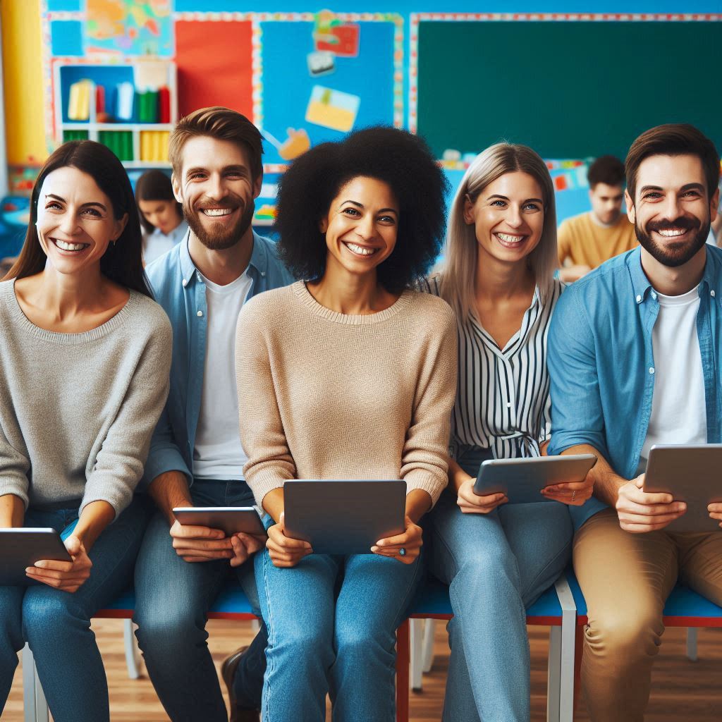 Maestros felices con sus laptop dispuestos a ganar crear cursos por internet